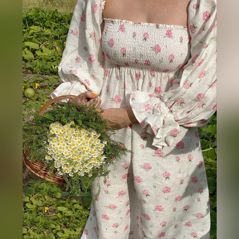 Sleeper White Floral Puff-Sleeve Smocked Midi Dress with Pink Roses